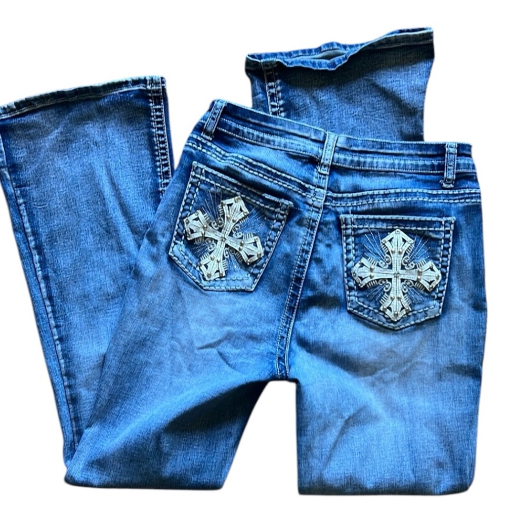 SOHO Bootcut Jeans Sz 13 Women’s – Bling Cross Pocket Crystal Button Denim